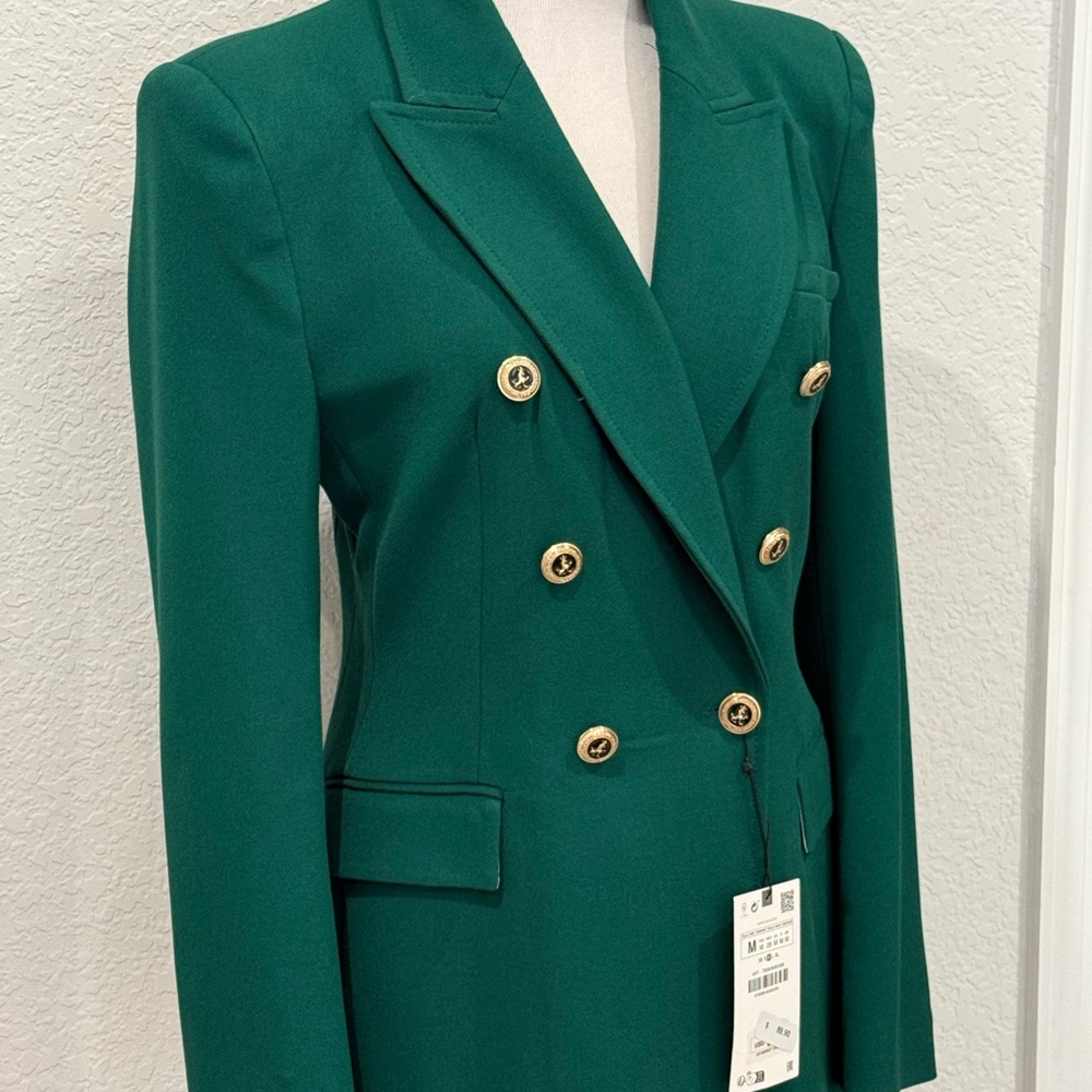 Zara Green Blazer Tailored Fit Structured Shoulders